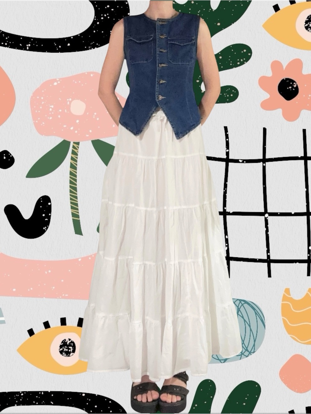 Lucky Brand | White High Waisted Tiered Boho Maxi Skirt